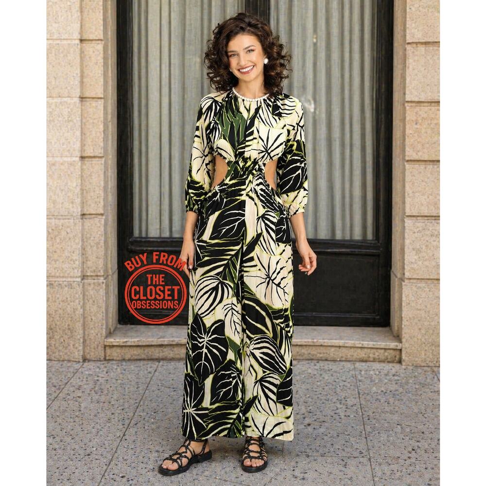 Zara Tropical Palm Print Wide Leg Jumpsuit Elastic Waist Resort NWT M